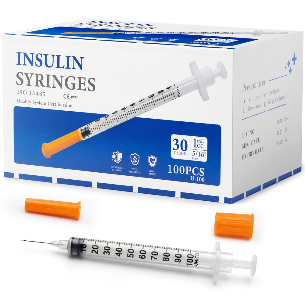 Vebiuzy disposable insulin syringe box of 100 for easy inventory and reliable injections.
