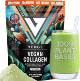 VEDGE vegan collagen powder bottle supports hair, skin, and nails.