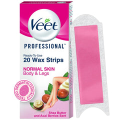 Veet waxing kit box and strips for easy at-home hair removal.