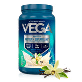 Vega Premium Protein & Greens vanilla packaging for daily protein and greens.
