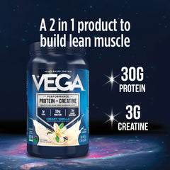 Vega Protein + Creatine vanilla powder close-up, vegan formula on display.