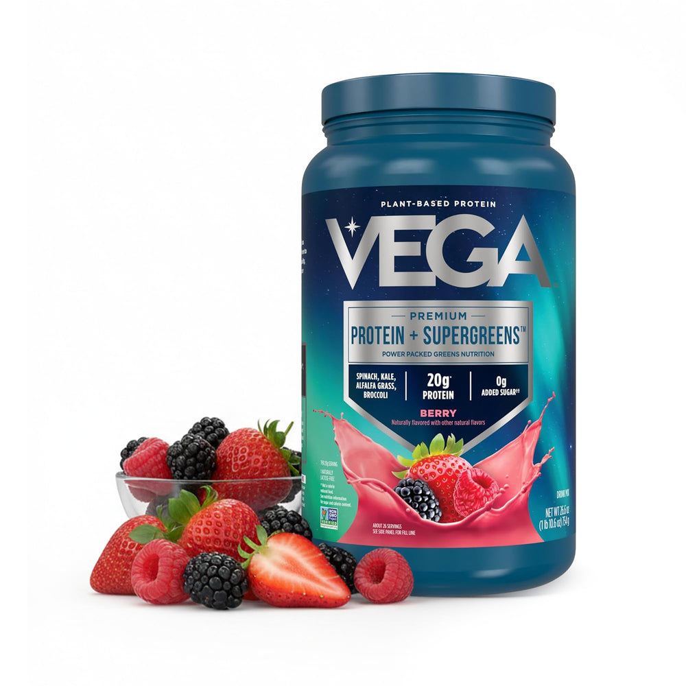 Vega Protein + Supergreens vanilla bottle for a quick plant-based breakfast boost