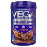 Vega Protein Made Simple chocolate tub with scoop for a smooth shake