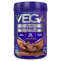 Vega Protein Made Simple chocolate tub with scoop for a smooth shake