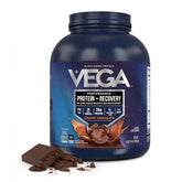 Vega Protein + Recovery chocolate tub showing smooth plant-based protein for post-workout fueling