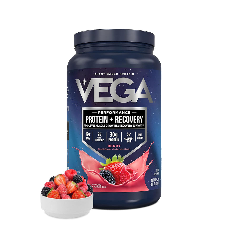Vega Sport Berry protein powder tub for post-workout recovery with 30g protein per serving