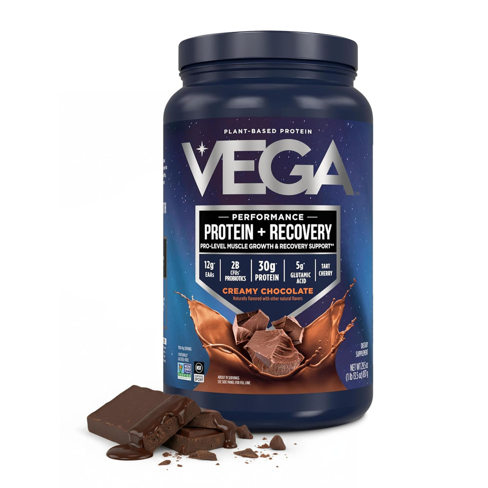 Vega Sport Chocolate protein jar displays rich texture for post-workout shakes