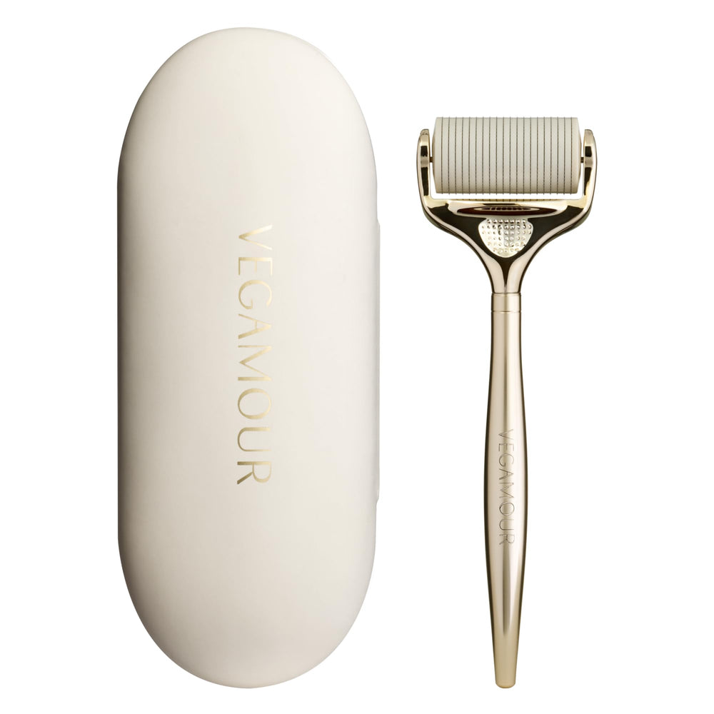 VEGAMOUR GRO+ Dermaroller with 0.25mm needles for gentle scalp exfoliation.