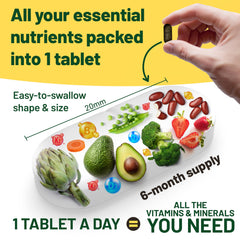 Vegan Vitality tablets close-up showcasing compact, easy-to-swallow vegan nutrition