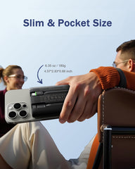 VEGER powerbank with built in USB-C and Lightning cables for clutter-free charging.
