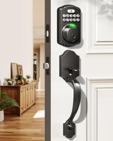 Veise fingerprint door lock set front view matte black with secure keyless entry.