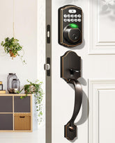 Veise fingerprint door lock set—front view with keyless access and oil-rubbed bronze finish.