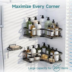 Veken no-drill shower shelves securely hold bottles on smooth surfaces.