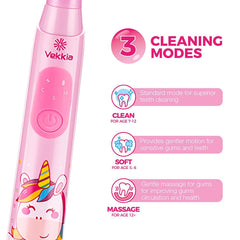 Vekkia Sonic kids toothbrush pink bristle detail with gentle cleaning design.