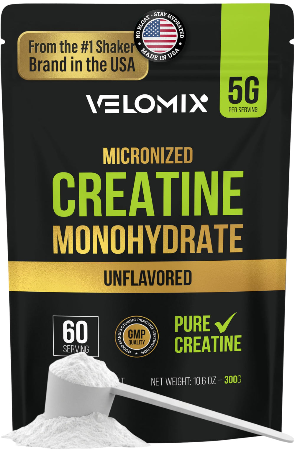 VELOMIX creatine powder jar label highlighting purity and clean ingredients