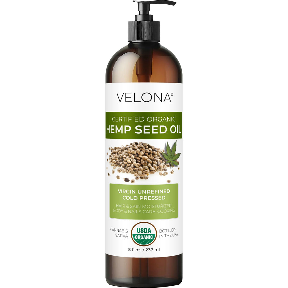 Velona Hemp Seed Oil bottle shows pure, unrefined formula for skin and cooking