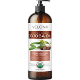 Velona Jojoba Oil bottle with pump for easy, mess-free face and body application.