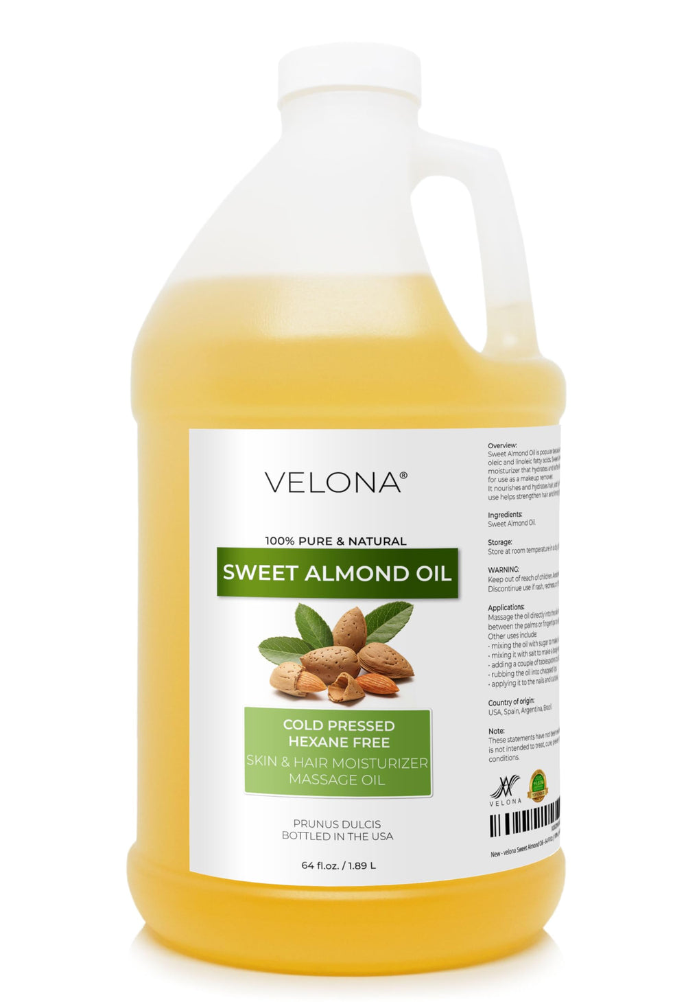 Velona Sweet Almond Oil bottle pour shows silky moisturizing use