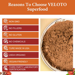 VELOTO Organic Mega Mushroom Powder Blend being poured into a cup.
