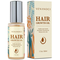 Venanoci hair growth oil bottle with rosemary-biotin formula for scalp nourishment.