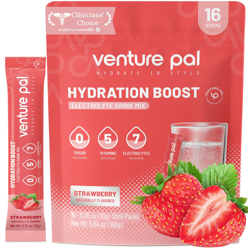 Venture Pal sugar-free electrolyte pack shown in packaging for convenient hydration