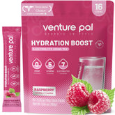 Venture Pal sugar-free electrolyte packet label close-up showing ingredients for hydration.