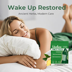 VERDORA foot pads applied on clean feet for overnight comfort.