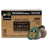 Vermont Coffee Company organic dark roast pods box for quick, flavorful mornings.