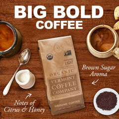 Slow-roasted Vermont Coffee Company grounds with mahogany color and depth