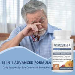 Close-up of Versafy Neurobella Eye Formula capsules, easy-to-swallow daily supplement