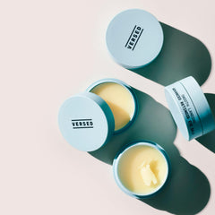Versed Smooth Landing Eye Balm packaging front, premium night care in a compact jar
