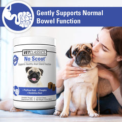 Vet Classics No Scoot bottle label highlights non GMO formula and key ingredients