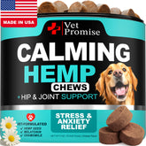 Vet Promise Advanced Calming Chews bottle front helps anxious dogs feel calmer.