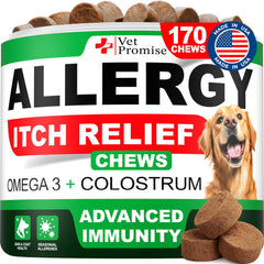 Vet Promise Dog Allergy Relief Chews pack shot shows premium ingredients and itchy skin relief.