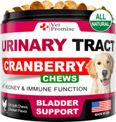 Vet Promise Dog UTI Chews bottle front showing cranberry blend for urinary support.