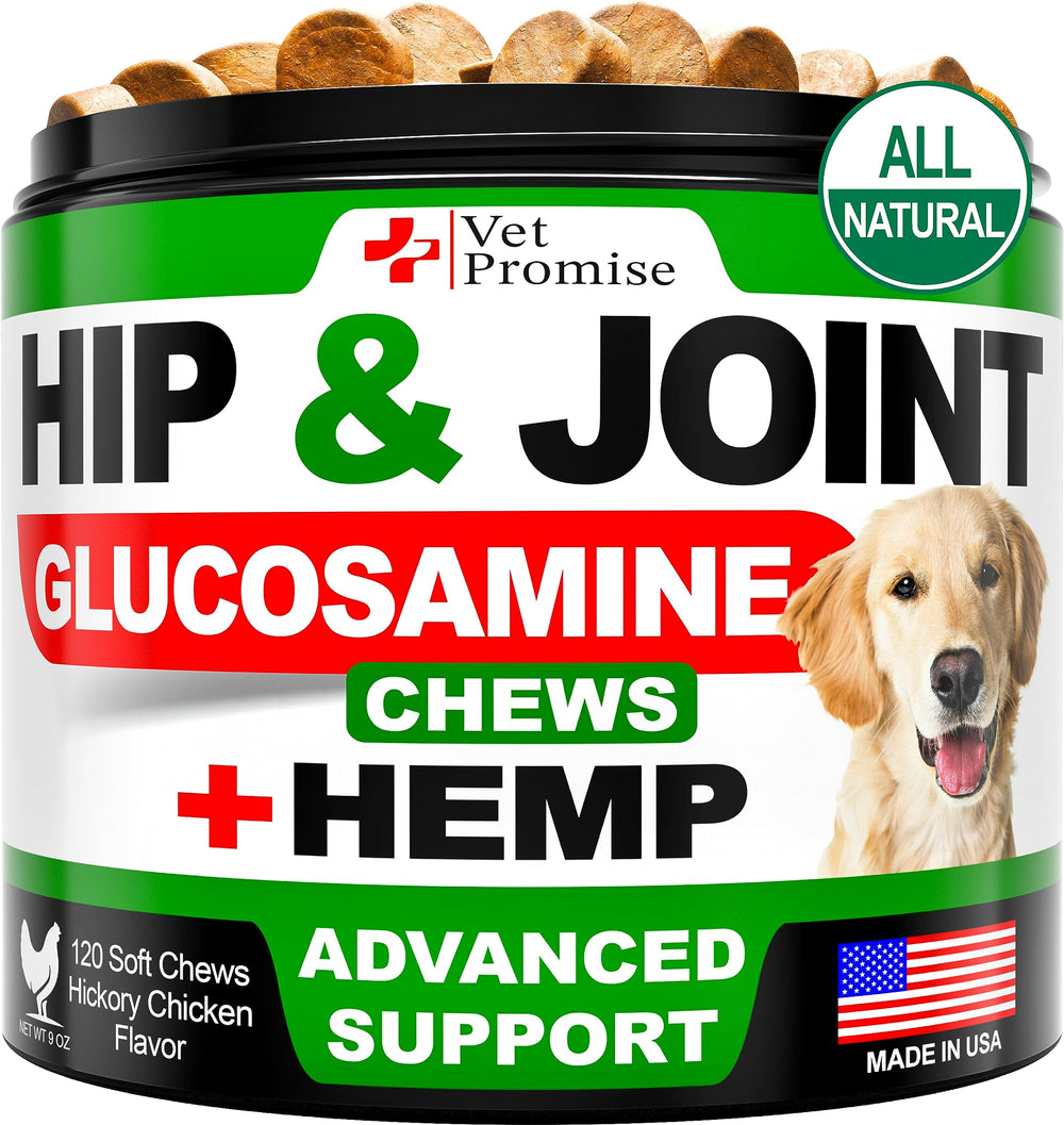 Vet Promise hemp hip and joint supplement bottle front showing joint support for dogs.