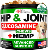 Vet Promise hemp hip and joint supplement bottle front showing joint support for dogs.