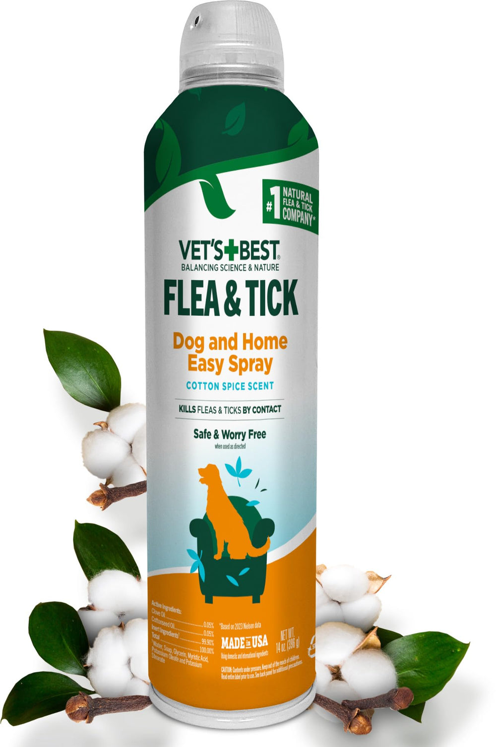 Vet's Best Easy Spray bottle applying Cotton Spice scent to a dog's coat for pest protection.