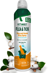 Vet's Best Easy Spray bottle applying Cotton Spice scent to a dog's coat for pest protection.