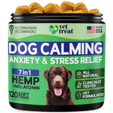Vet Treat hemp calming chews bottle for dogs promoting calm during stressful events.