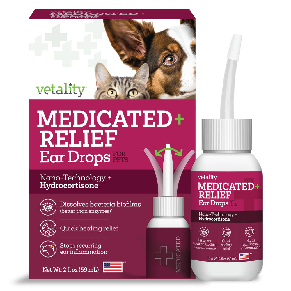 Vetality Otic Drops bottle front showing medicated formula for dog ear infection support