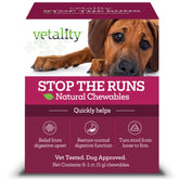 Vetality Stop The Runs chicken chewables bottle front for easy administration.