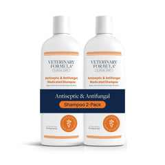 Veterinary Formula Clinical Care antiseptic shampoo bottle shown for gentle pet cleansing.