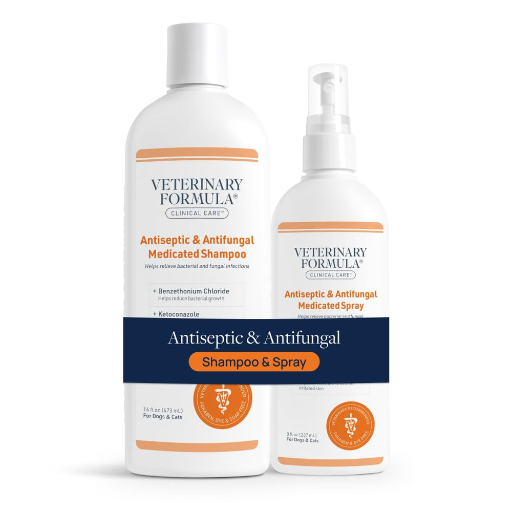 Veterinary Formula Clinical Care shampoo bottle for dogs and cats, gentle cleansing.