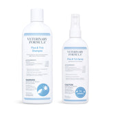 Veterinary Formula flea and tick shampoo bottle highlighting cleansing and soothing action for dogs.