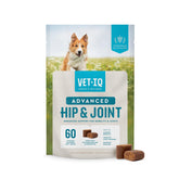 VetIQ Advanced Hip & Joint chews bottle shows mobility support for dogs.