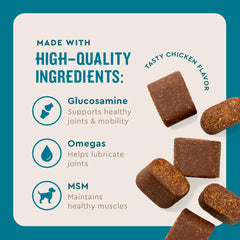 Omega-3 DHA/EPA icon on VetIQ packaging suggests joint lubrication benefits.