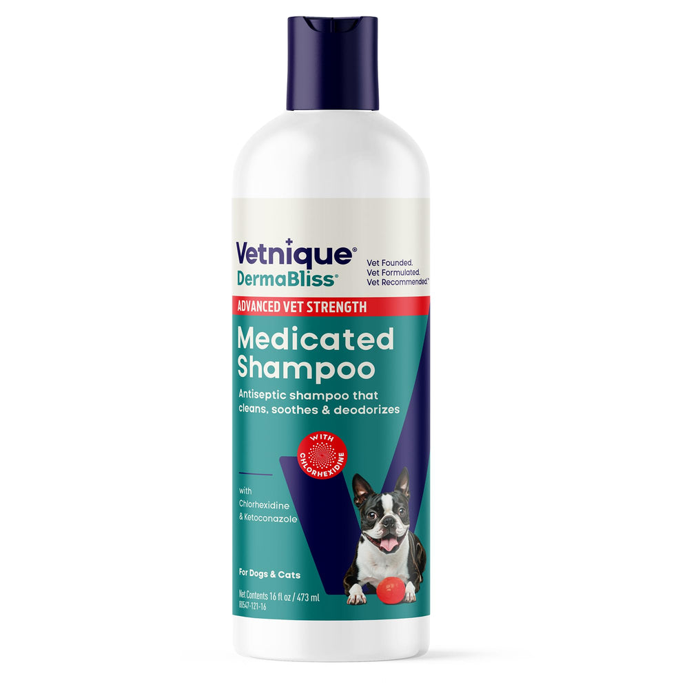 Vetnique Dermabliss bottle pouring shampoo for gentle pet skin cleansing
