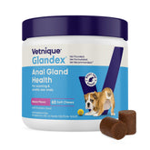 Vetnique Glandex bacon-flavored chews in bag supports healthy anal glands and digestion.