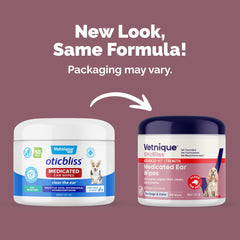 Close-up of Vetnique Oticbliss medicated wipes highlighting ingredients.